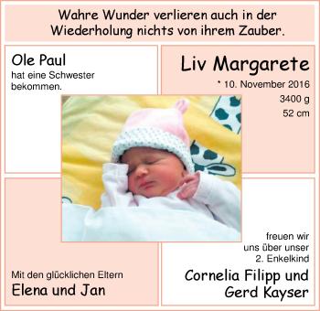 Babyanzeige von Liv Margarete  von Nordwest-Zeitung