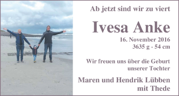 Babyanzeige von Ivesa Anke Lübben von Nordwest-Zeitung