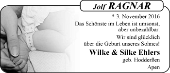 Babyanzeige von Jolf Ragnar Ehlers von Nordwest-Zeitung