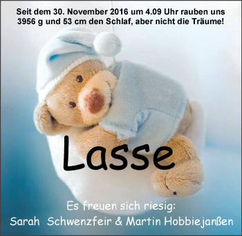 Babyanzeige von Lasse Hobbiejanßen von Nordwest-Zeitung