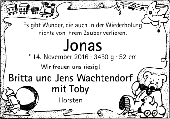Babyanzeige von Jonas Wachtendorf von Nordwest-Zeitung