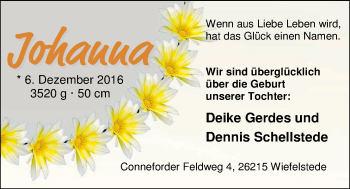 Babyanzeige von Johanna  von Nordwest-Zeitung