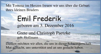 Babyanzeige von Emil Frederik Paetzke von Nordwest-Zeitung