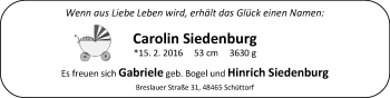 Babyanzeige von Carolin Siedenburg von Nordwest-Zeitung