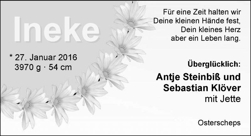 Anzeige für Ineke  vom 27.02.2016 aus Nordwest-Zeitung
