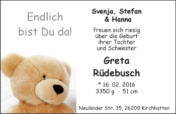 Babyanzeige von Greta Rüdebusch von Nordwest-Zeitung