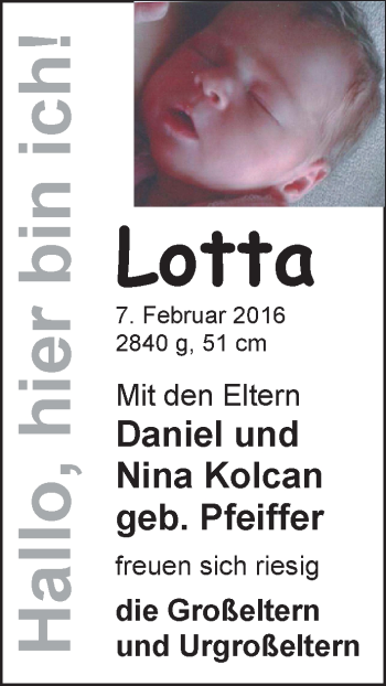 Babyanzeige von Lotta Kolcan von Nordwest-Zeitung