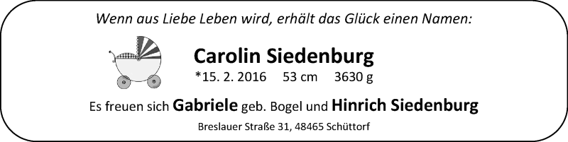 Anzeige für Carolin Siedenburg vom 27.02.2016 aus Nordwest-Zeitung