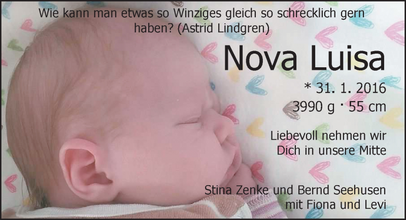 Anzeige für Nova Luisa  vom 13.02.2016 aus Nordwest-Zeitung