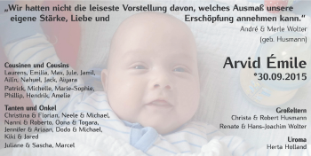 Babyanzeige von Arvid Emile Wolter von Nordwest-Zeitung