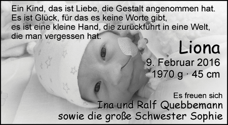 Anzeige für Liona Quebbemann vom 20.02.2016 aus Nordwest-Zeitung