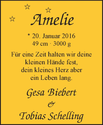 Babyanzeige von Amelie  von Nordwest-Zeitung