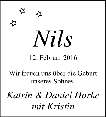 Babyanzeige von Nils Horke von Nordwest-Zeitung