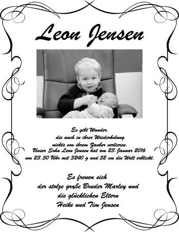 Babyanzeige von Leon Jensen von Nordwest-Zeitung