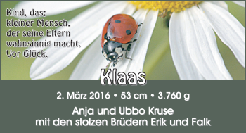 Babyanzeige von Klaas Kruse von Nordwest-Zeitung
