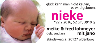 Babyanzeige von Nieke  von Nordwest-Zeitung