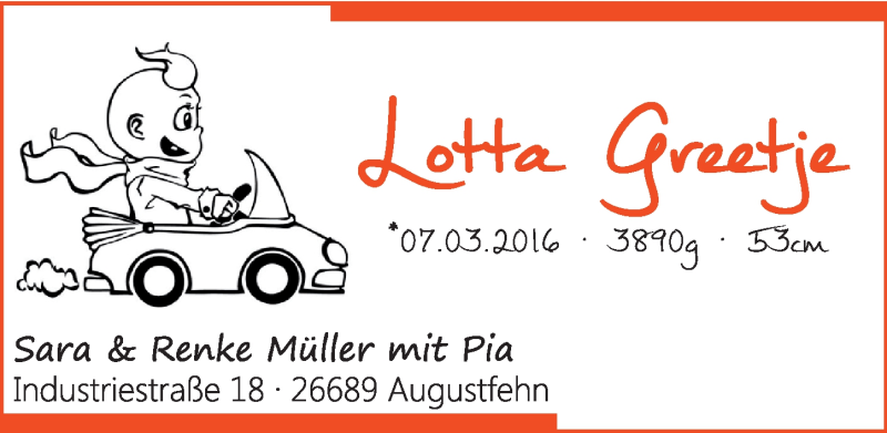 Anzeige für Lotta Greetje Müller vom 19.03.2016 aus Nordwest-Zeitung
