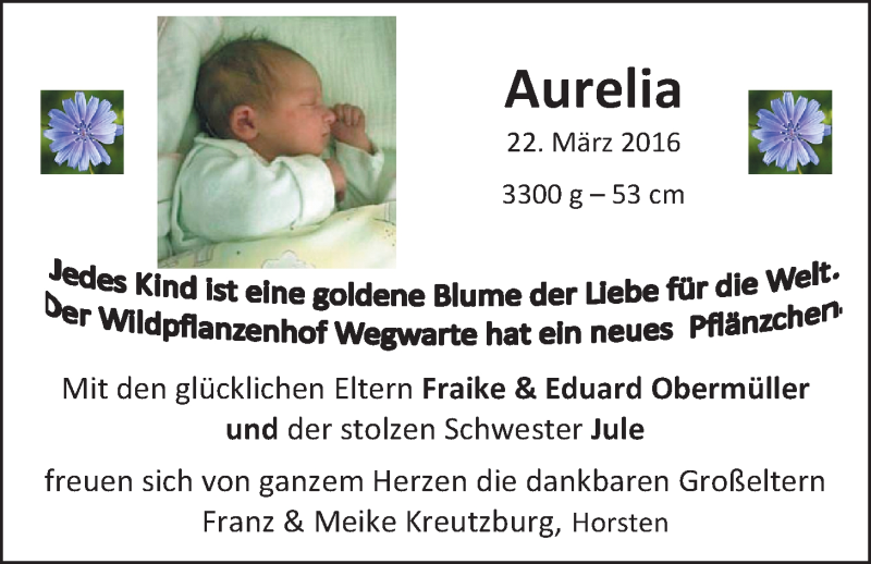 Anzeige für Aurelia Obermüller vom 26.03.2016 aus Nordwest-Zeitung