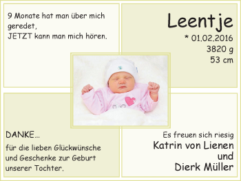 Babyanzeige von Leentje  von Nordwest-Zeitung