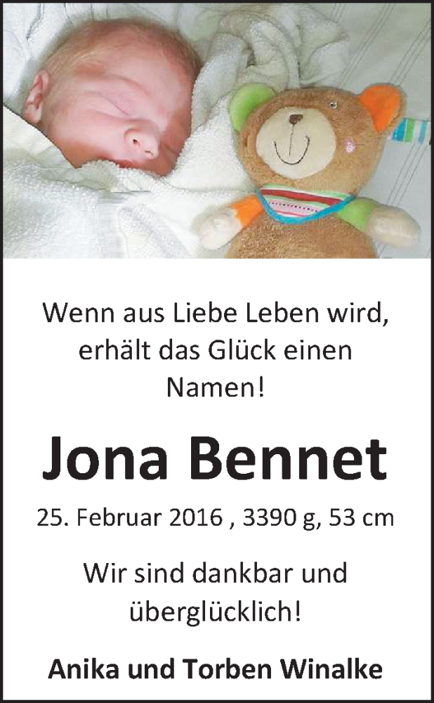 Anzeige für Jona Bennet Winalke vom 05.03.2016 aus Nordwest-Zeitung