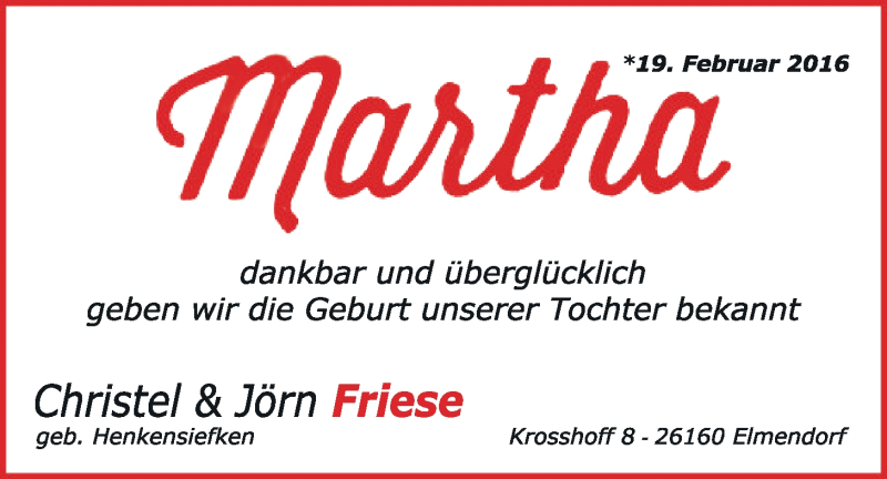 Anzeige für Martha  vom 26.03.2016 aus Nordwest-Zeitung