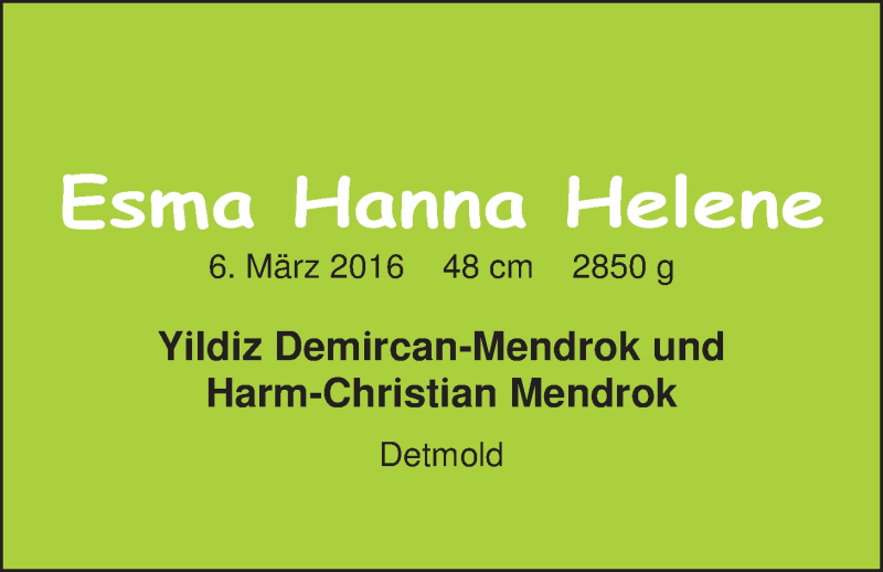 Anzeige für Esma Hanna Helene  vom 11.03.2016 aus Nordwest-Zeitung
