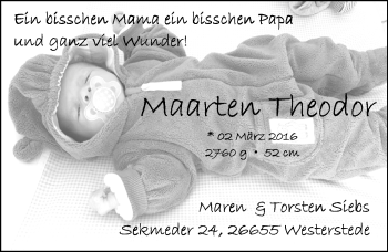 Babyanzeige von Maarten Siebs von Nordwest-Zeitung