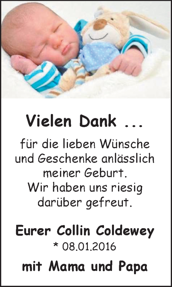 Anzeige für Collin Coldewey vom 08.03.2016 aus Nordwest-Zeitung