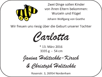 Babyanzeige von Carlotta Holitschke von Nordwest-Zeitung