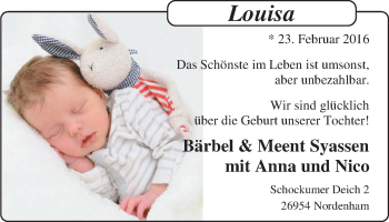 Babyanzeige von Louisa Syassen von Nordwest-Zeitung