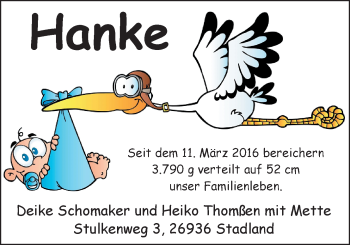 Babyanzeige von Hanke  von Nordwest-Zeitung