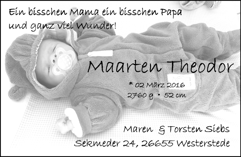 Anzeige für Maarten Siebs vom 12.03.2016 aus Nordwest-Zeitung