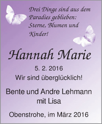 Babyanzeige von Hannah Marie Lehmann von Nordwest-Zeitung
