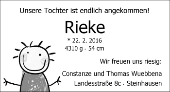 Babyanzeige von Rieke Wübbena von Nordwest-Zeitung