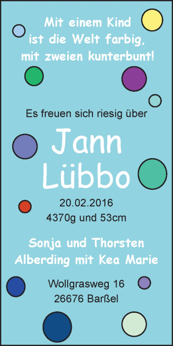 Babyanzeige von Jann Lübbo Alberding von Nordwest-Zeitung