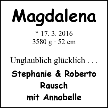 Babyanzeige von Magdalena Rausch von Nordwest-Zeitung