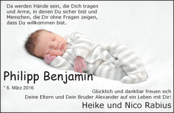 Babyanzeige von Philipp Benjamin Rabius von Nordwest-Zeitung