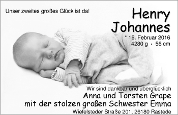Babyanzeige von Henry Johannes Grape von Nordwest-Zeitung
