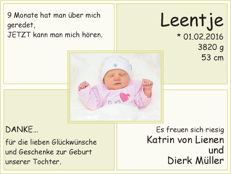 Anzeige für Leentje  vom 11.03.2016 aus Nordwest-Zeitung