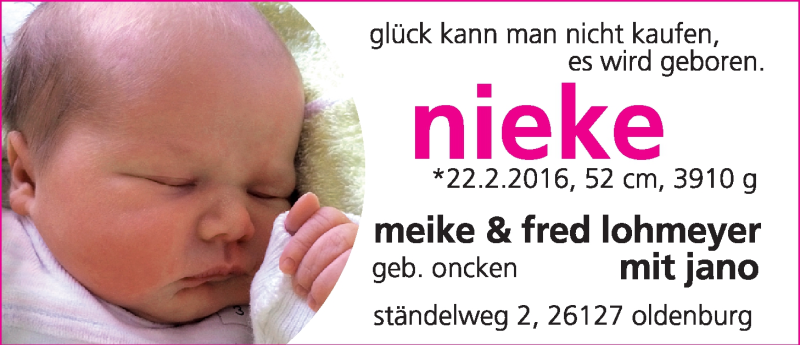 Anzeige für Nieke  vom 05.03.2016 aus Nordwest-Zeitung