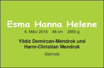 Babyanzeige von Esma Hanna Helene  von Nordwest-Zeitung