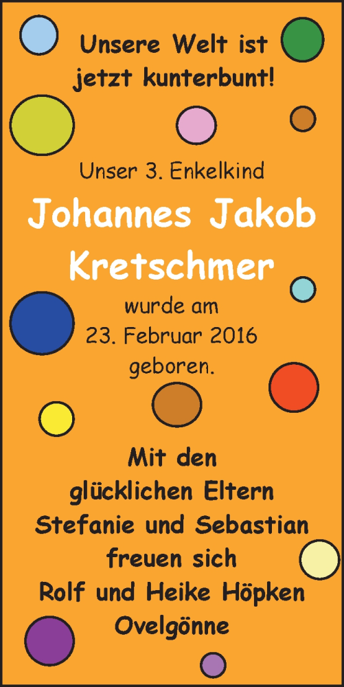 Anzeige für Johannes Jakob Kretschmer vom 07.03.2016 aus Nordwest-Zeitung