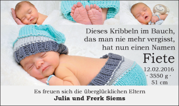 Babyanzeige von Fiete Siems von Nordwest-Zeitung