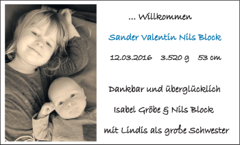 Babyanzeige von Sander Valentin Nils Block von Nordwest-Zeitung