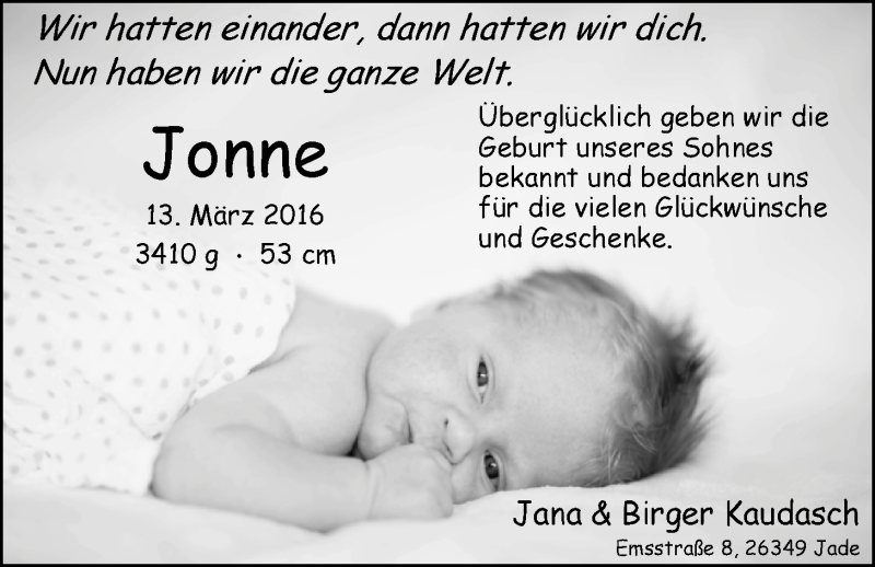 Anzeige für Jonne Kaudasch vom 30.04.2016 aus Nordwest-Zeitung