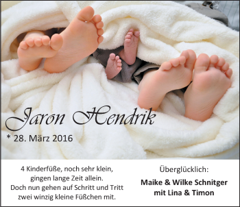 Babyanzeige von Jaron Hendrik Schnitger von Nordwest-Zeitung