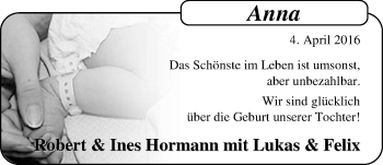 Babyanzeige von Anna Hormann von Nordwest-Zeitung