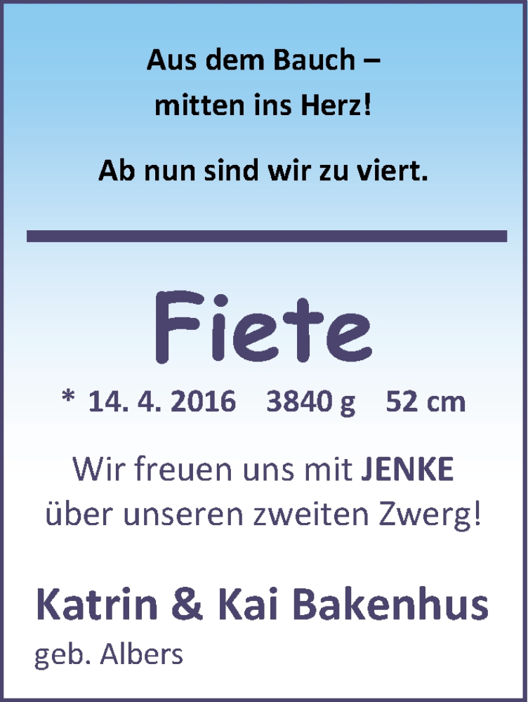 Anzeige für Fiete Bakenhus vom 30.04.2016 aus Nordwest-Zeitung