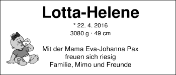 Babyanzeige von Lotta-Helene Pax von Nordwest-Zeitung