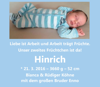 Babyanzeige von Hinrich Köhne von Nordwest-Zeitung